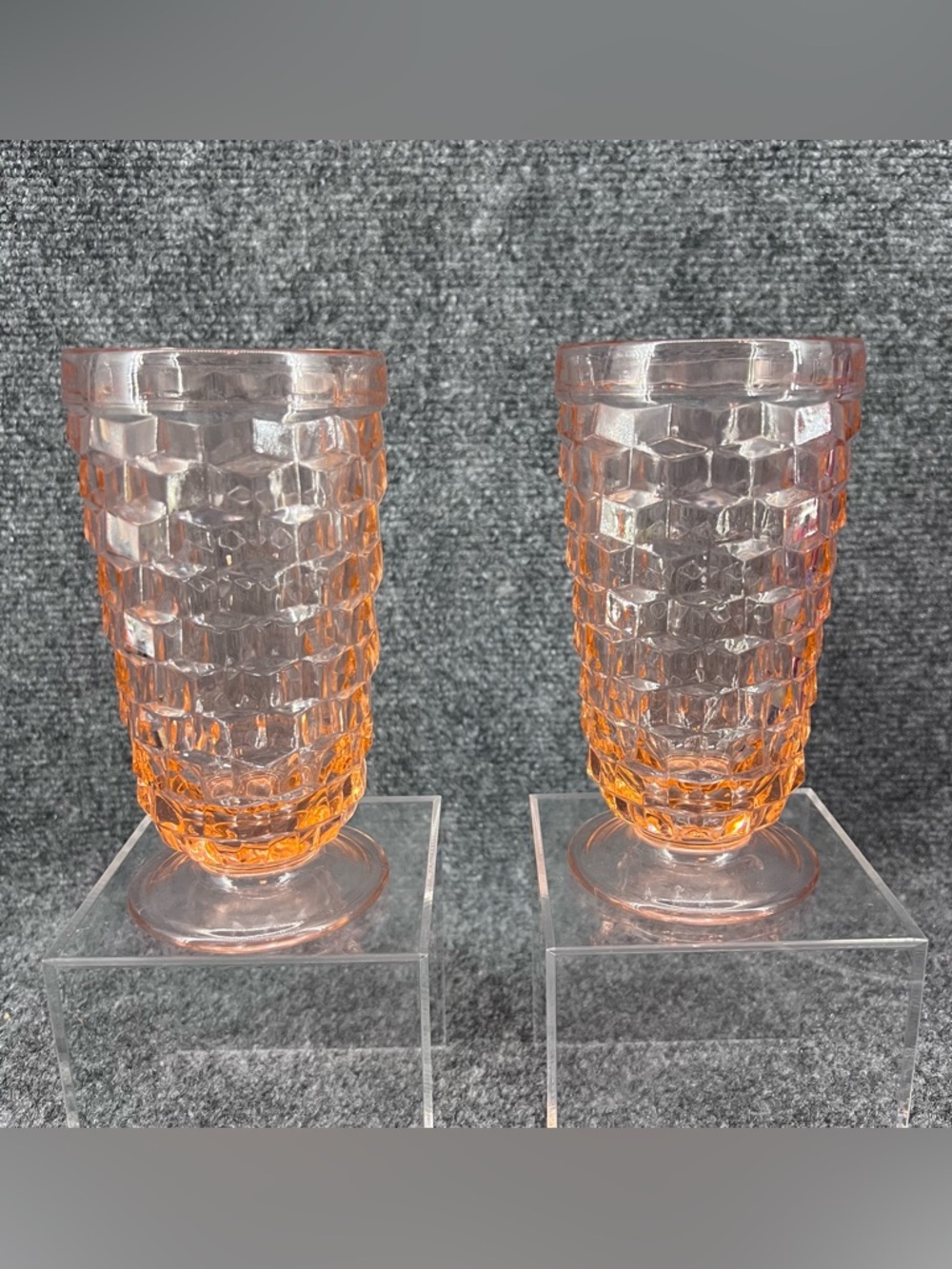 Pink Peach Indiana Glass Whitehall Colony Cubist Vintage Footed 2 Glass Set 6”